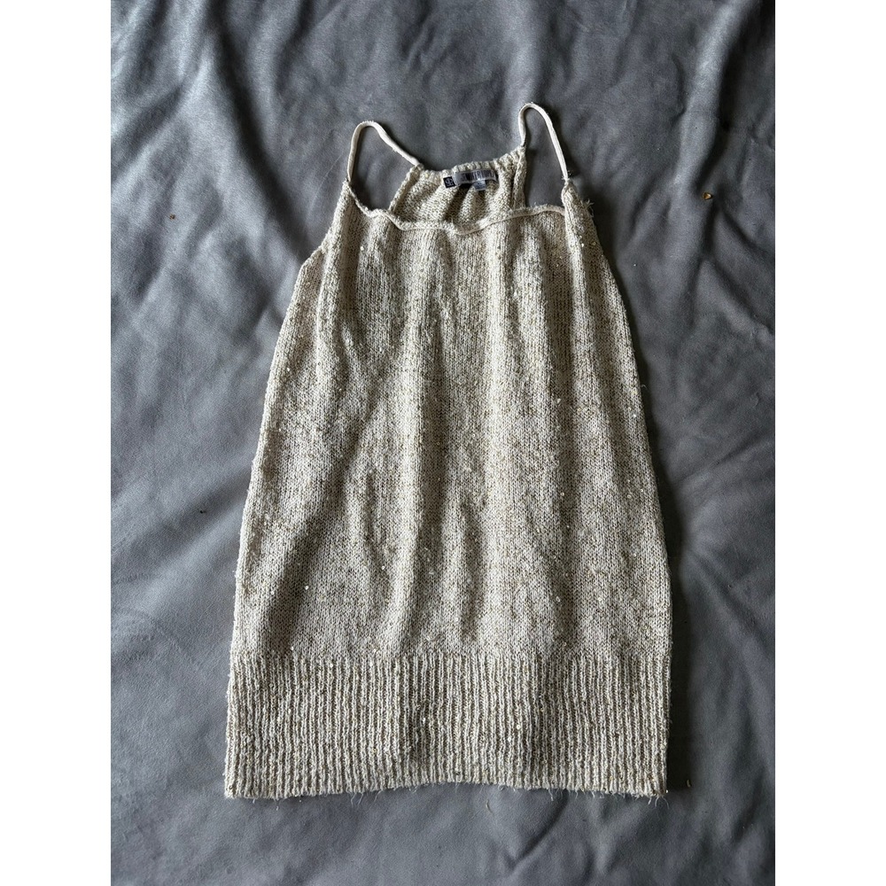 Jennifer Lopez Gold Sequin Knit Tank Top Beige Chain Strap Halter XL